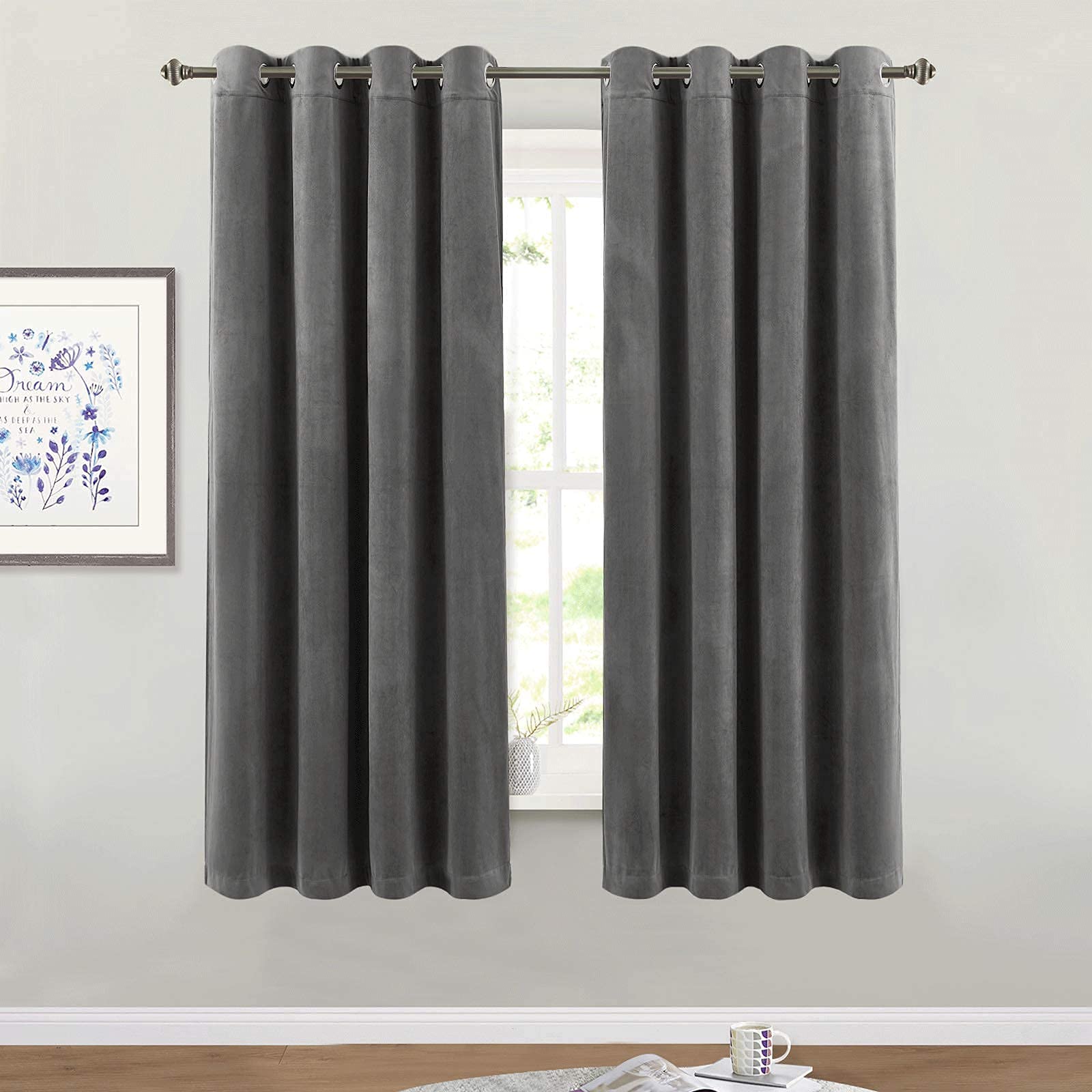 StangH Kitchen Grey Velvet Drapes 63-inch - 2 Panels of Soft Smooth Luxury Velvet Curtains Room Darkening Heat Blocking Grommet Curtain Panels for Study Room/Short Window, W52 x L63, 2 Pcs