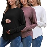 Bhome Maternity Shirts 3 Packs Long Sleeve Pregnancy Tops Loose Fit Casual Blouses with Thumb Holes