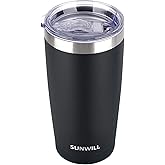 SUNWILL Travel Coffee Tumbler 20 oz, Insulated Mug with Lid, Stainless Steel Cup for Outdoor, Powder Coated Black