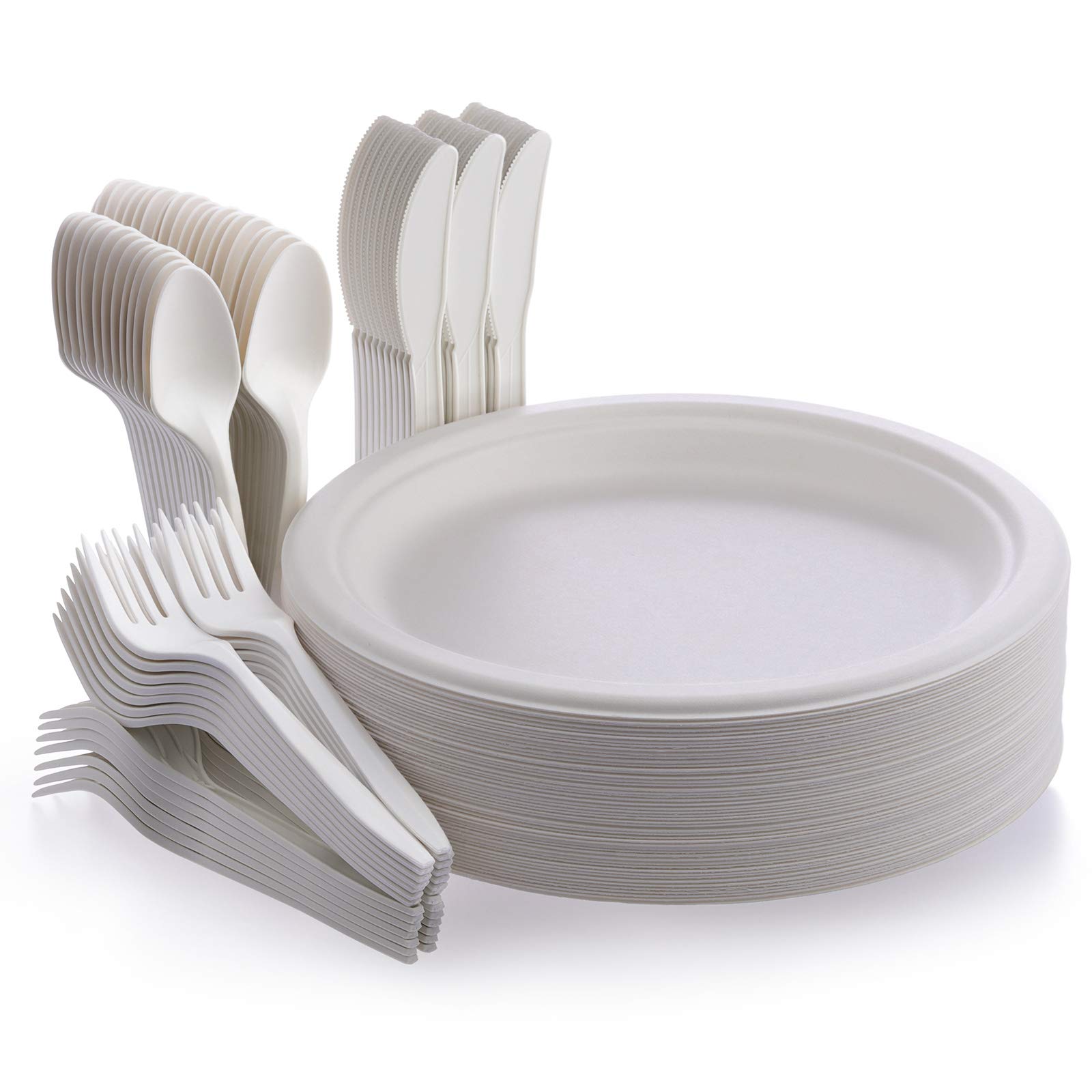 Fuyit 200pcs Disposable Tableware Set, Compostable and Biodegradable Sugarcane Bagasse Eco-Friendly Dinnerware Kits Includes Paper Plates, Forks, Knives and Spoons for Party, Camping, Picnic