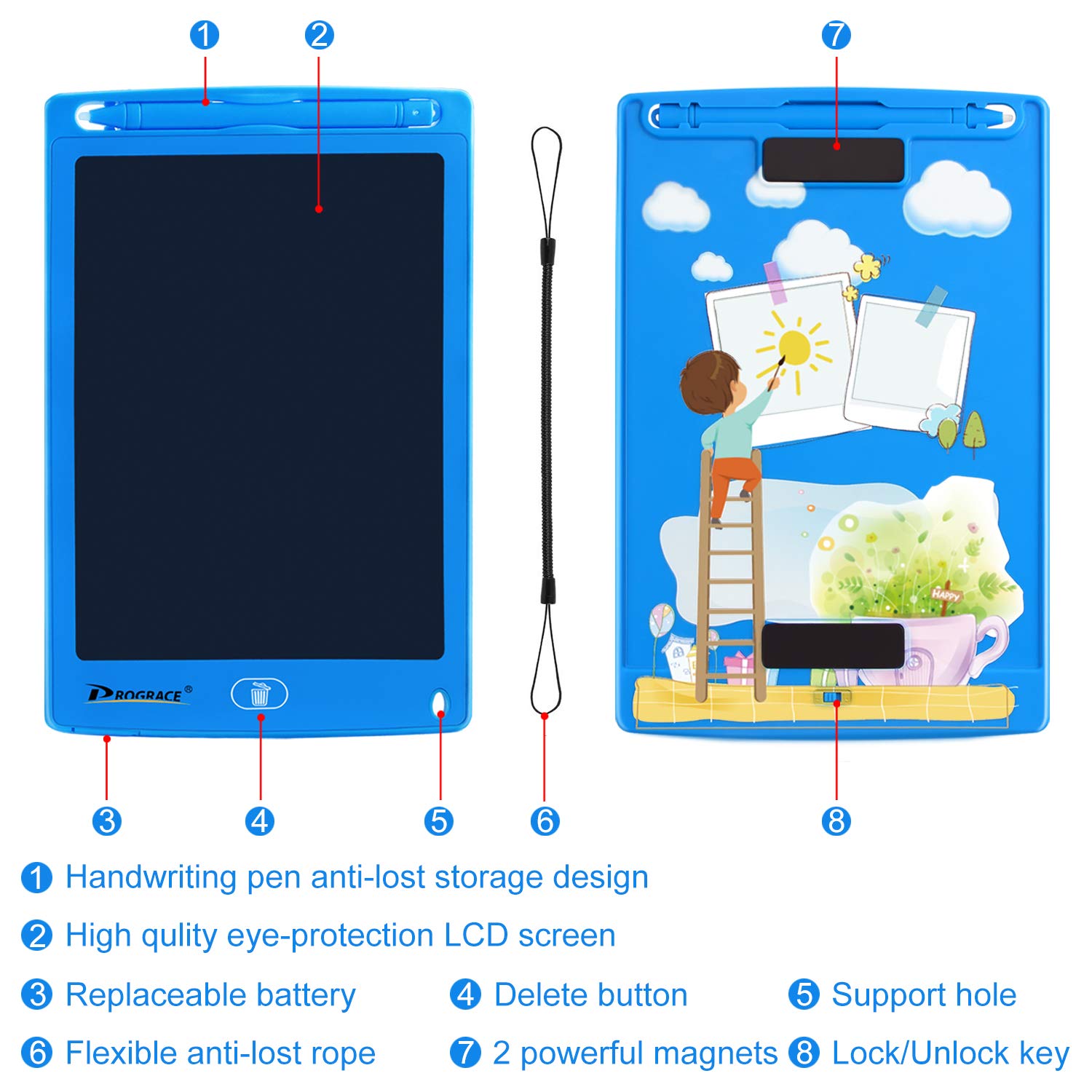 PROGRACE LCD Writing Tablet for Kids LCD Writing Board For Boys Girls Birthday Toy Gifts for 4-12 Year Old LCD Writing Pad Digital Doodle Drawing Board 8.5 Inch