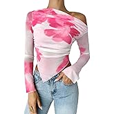 Segreto Women's Mesh Sheer T Shirt Gradient Tie-dye Long Sleeve Crop Tops Floral One Shoulder See Through Bodycon Blouse