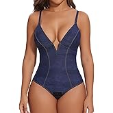 SHAPERIN Women's Deep V Neck Bodysuit Double Lined Plunge Tummy Control Shapewear Thong Body Suits Backless Cami Tank