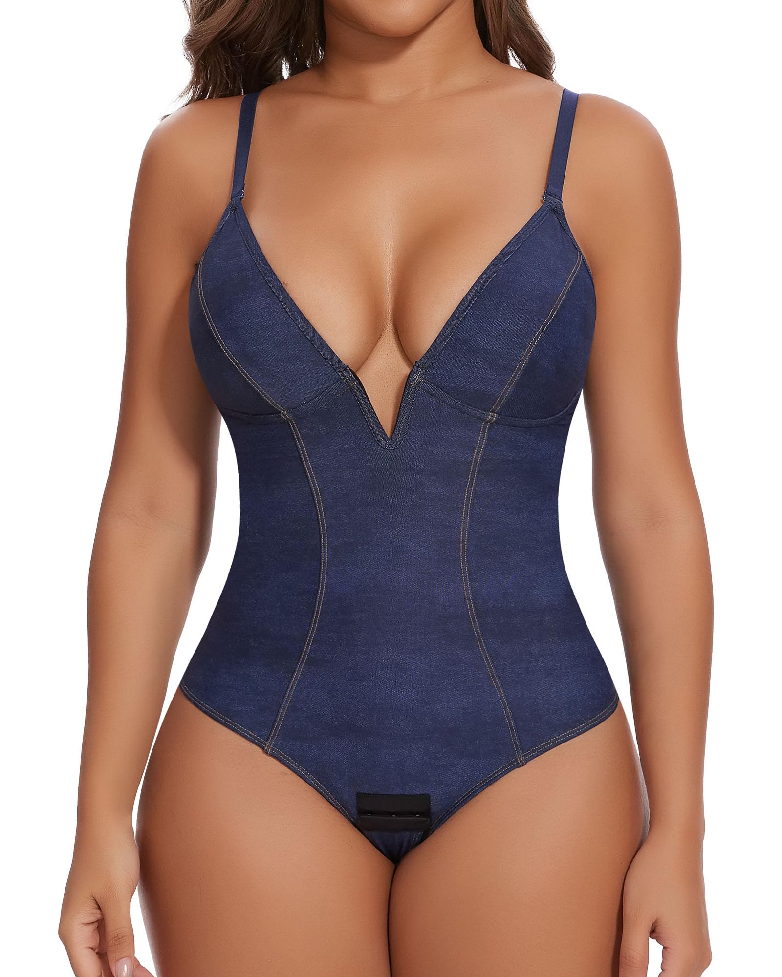 Photo 1 of SHAPERIN Women's Deep V Neck Cami Bodysuit Plunge Double Layer Tummy Control Shapewear Thong Body Suits (Small,Faux denim-blue)