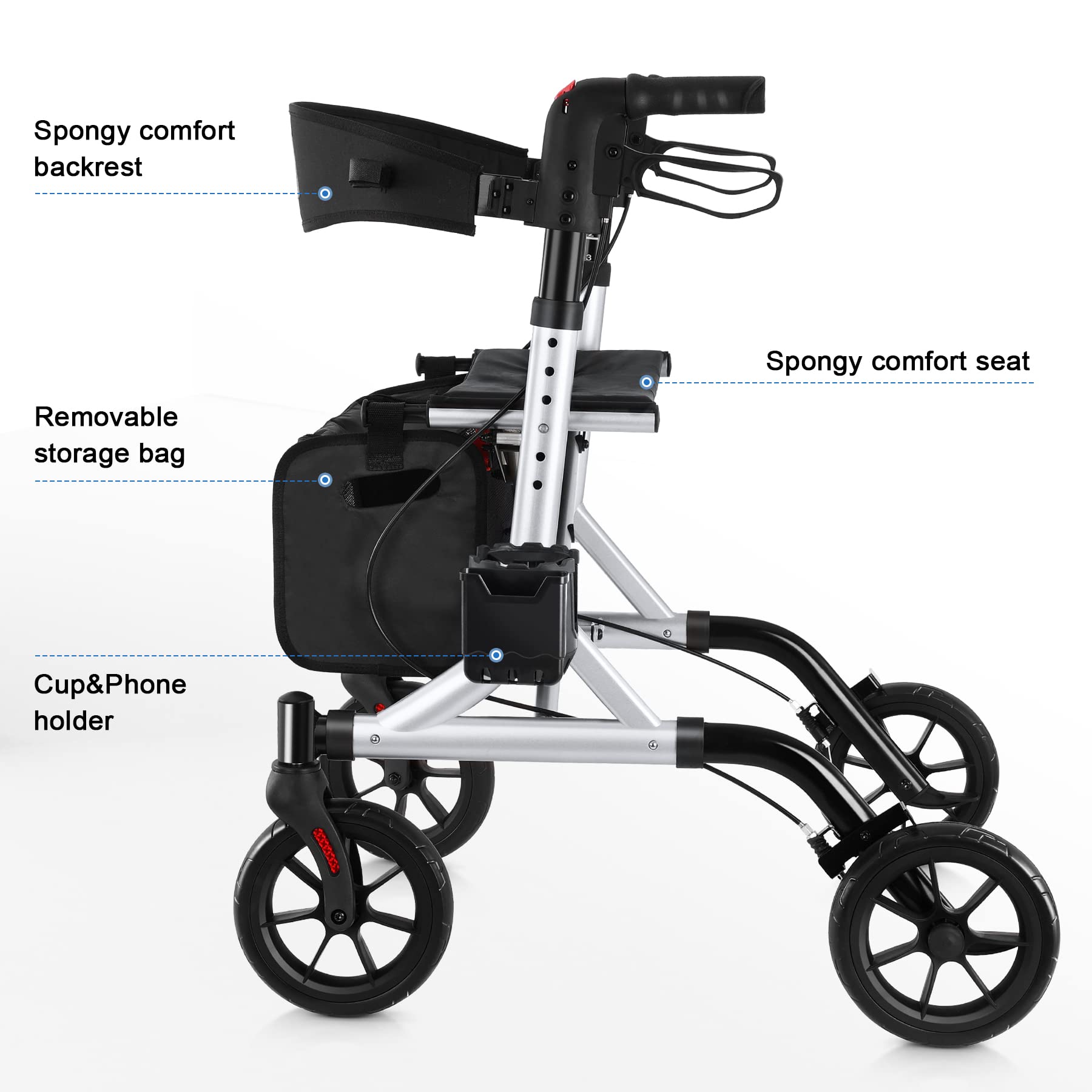 Rollator Walker for Seniors with Cup Holder, Upgraded Thumb Press Button for Height Adjustment, 4 x 8 Wheels Walker with Seat Padded Backrest Folding Lightweight Walking Aid, Silver