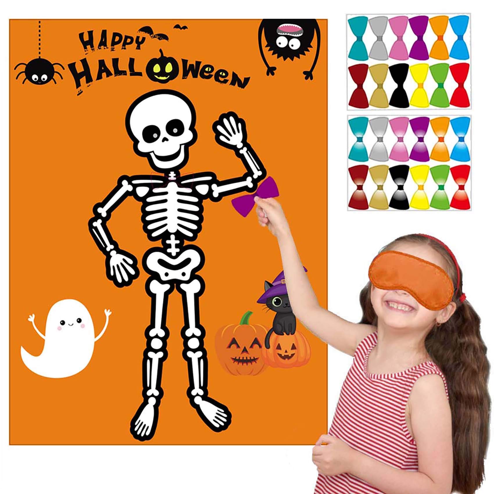 Funnlot Halloween Party Games for kids Pin the Bow Tie on the Mr. Bones Game Halloween Birthday Party Supplies Favors for Kids Halloween Pin Game with 24 Bow Tie Reusable Stickers