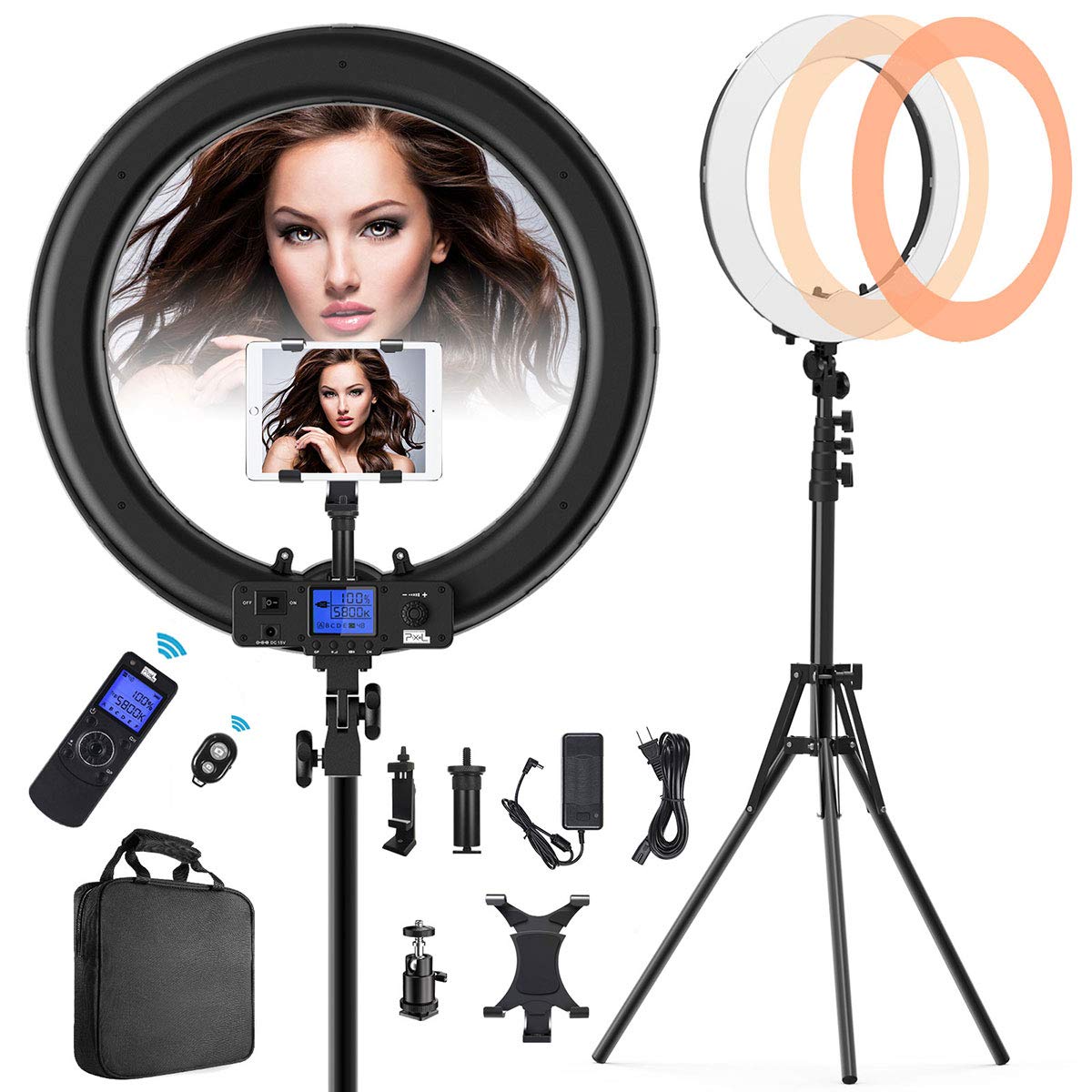 Ring Light with Wireless Remote and iPad Holder, Pixel 19" Bi-Color LCD Display Ring Light with Stand and Selfie Remote, 55W 3000-5800K CRI 97 Light Ring for Vlogging Portrait Makeup Video Shooting