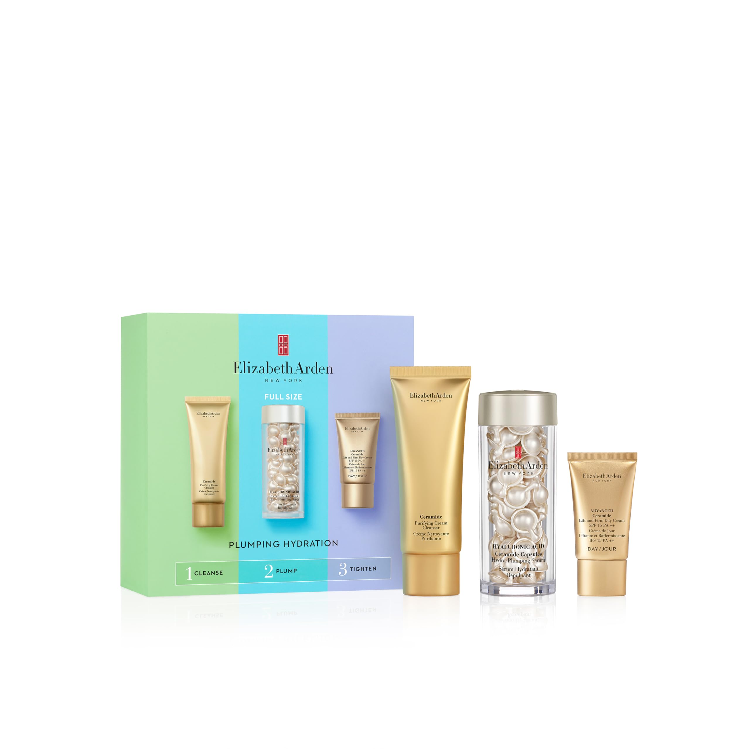 Elizabeth Arden PLUMPING HYDRATION Hyaluronic Acid Ceramide Capsules 3-Piece Gift Set hydrating skincare for dry skin, luxury gifting for women