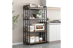 METYERRY Adjustable 4-Tier Heavy Duty Kitchen Baker's Rack with Power Outlet, with Industrial Wheels, Free Standing Microwave Oven Cart Stand for Storage in Living Room, Garage, Rustic Brown