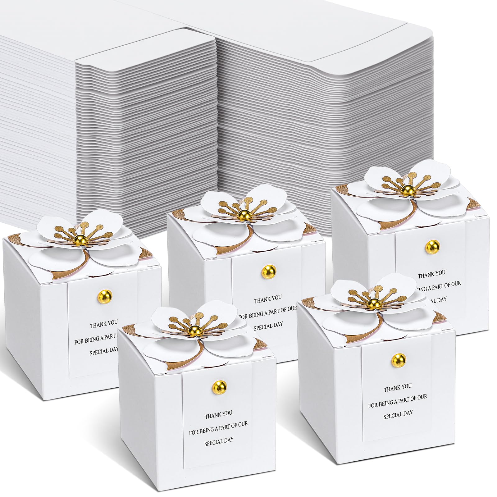 Photo 1 of Affrolling 100 Pcs Wedding Favor Boxes with Thanks Card Square Flower Candy Boxes Paper Bridal Gift Box for Guests Wedding Bridal Shower Birthday Party Anniversary