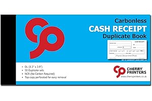 Cherry Carbonless NCR Cash Receipt Book | 50 Duplicate Sets | 8.3" x 3.9" | Perforated Top Copy | Bound with Tape | Carbon Ba