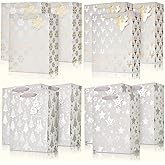 UNIQOOO 12Pcs Metallic Gold Silver Christmas Gift Bags Bulk with Tags, Large 12.5 x10'', Xmas Gift Wrap Bags Assorted Snowflake, Star, Reindeer For Holidays New Year Party Favor Decor Gift Packaging