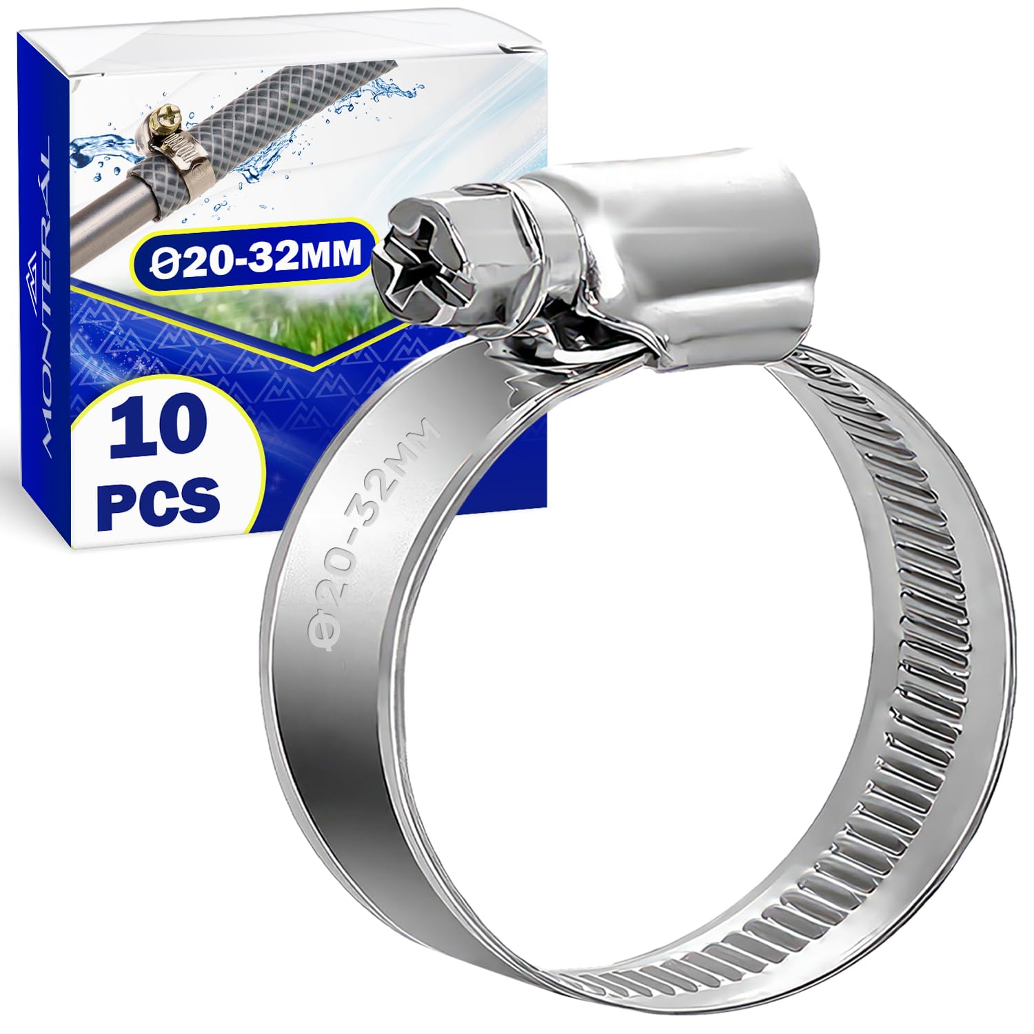 10 Pieces Metal Hose Clips Ø 20-32 mm - Hose Clamp for Pool Garden Washing Machine Water Supply - MONTERAL