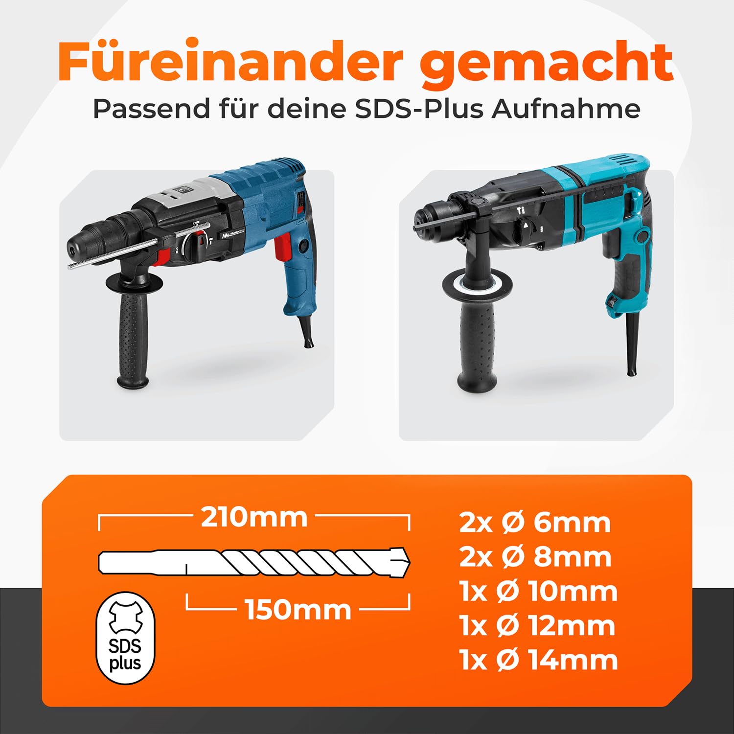 BAUBECK SDS Plus Bohrer Set für Beton [7tlg - Ø6-14 & 210mm lang] 4 Schneiden - Langlebige Betonbohrer aus 40CR Stahl für Präzise Ergebnisse - Bohrer Set Beton Schlagbohrer SDS Bohrer Stein 4