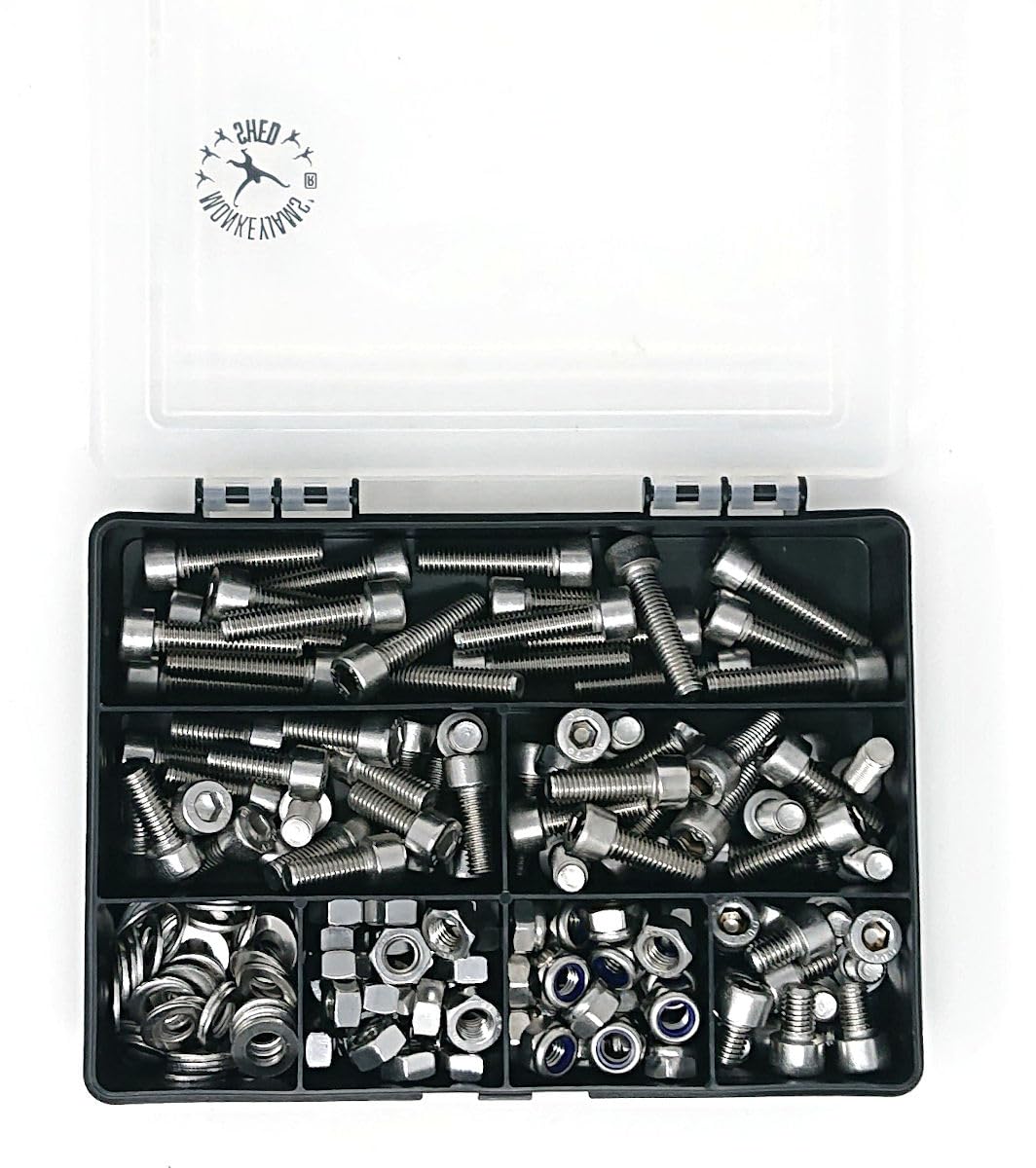 Set of 225 Assorted M8 Allen Socket Cap Head Machine Screws/Bolts, Nuts & Washers, A2-70 (304 Grade) Stainless Steel - Sturdy Recycled Compartment Box