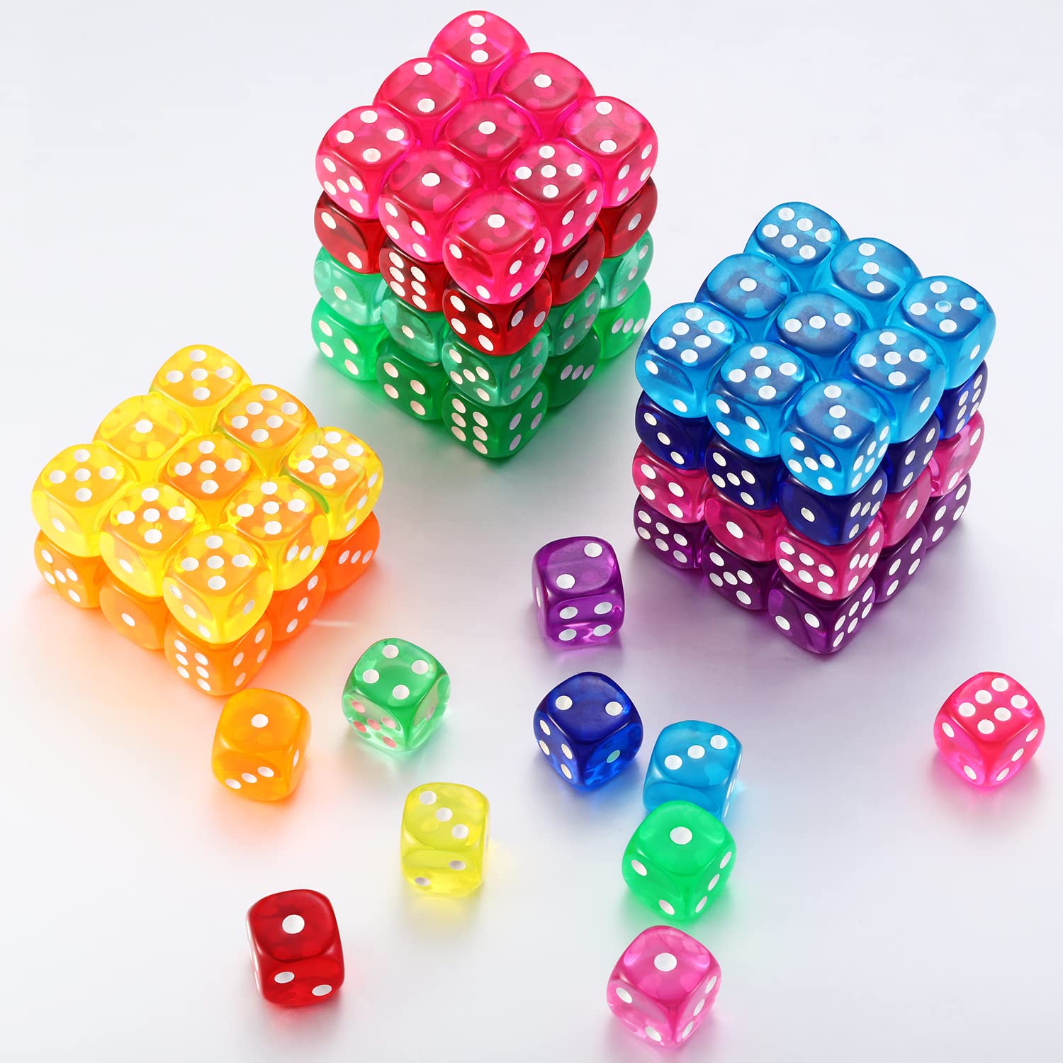 Blulu 100 PCS 6 Sided Games Dice Set, Colored Dice with Black Velvet Pouches for Playing Games, Like Board Games, Dice Games, Math Games, Party Favors and More(Rainbow Color, 14 mm)