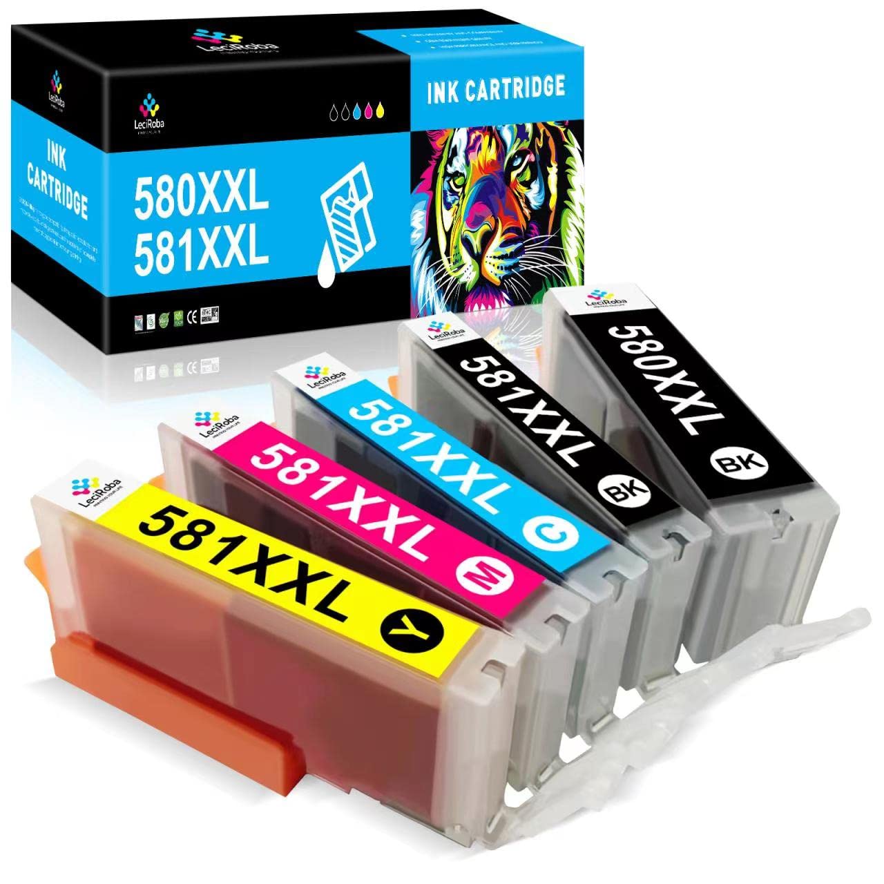 LeciRoba 580XXL 581XXL for Canon 580 & 581 ink cartridges and 580xxl 581xxl,for PGI-580 xxl CLI-581 XXL,for Canon TR7500 TR8500 TS6100 TS6200 TS6300 TS700 TS8200 TS8350 TS9150 Printers (5 PACK)