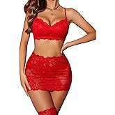 Avidlove Women Lingerie Sets with Garter Belt 3 Piece Lace Teddy Babydoll Bodysuit(Red,XXL)