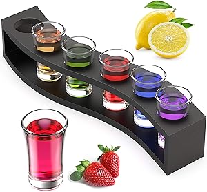 Shot Glass Set 1.5oz/40ml Server with Burnt Wood Tray, Heavy Base Measuring Cup Espresso Liquid Wine Clear Shot Glasses Holder Kits, Incremental Measurement Perfect for Party Bar Club Cocktail, 6 Pack