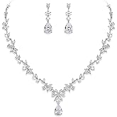 EVER FAITH Bridal Jewelry Set for Bride Bridesmaid, Flower Leaf Teardrop Cubic Zirconia Necklace Dangle Earrings Bracelet Sets Wedding Party for Women