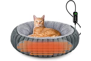 INVENHO Heated Cat Beds for Indoor Cats and Small Dogs, 20" Cozy Donut Heated Pet Bed with Timer & Temp Adjustable, Removable Waterproof Electric Warming Bed for Indoor Cat