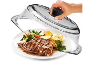 Le’raze Tall Glass Microwave Splatter Cover for Food - Cookware & Bakeware Serving Dish Cover, Plate Guard Lid with Easy Grip Silicone Handle Knob - 100% Food Grade BPA Free & Dishwasher Safe - 10in