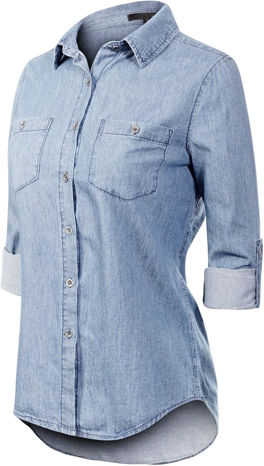 Design by Olivia Women's Basic Classic Roll up Sleeve Button Down Chambray Denim Shirt: Clothing