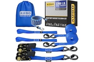 AUGO Ratchet Tie Down Straps -2 PK– 15 FT – 2,200 LB Break Strength – Safety Lock S Hooks –for Moving Cargo, Appliances, Lawn Equipment, Motorcycle – Includes 1 Bungee Cord, 2 Soft Loops, Storage Bag