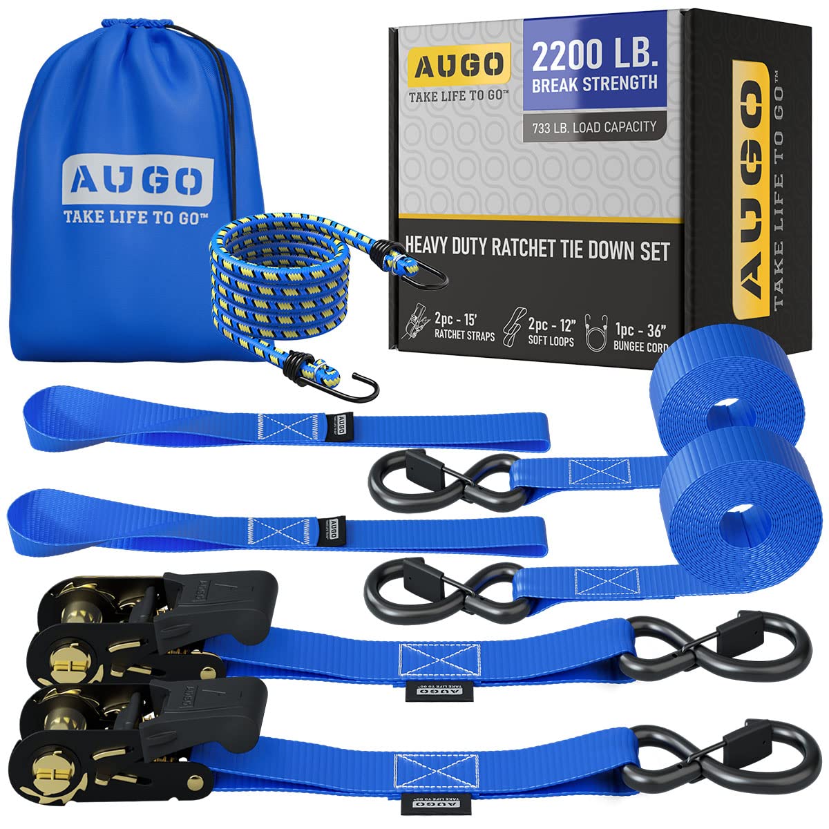 AUGO Ratchet Tie Down Straps –2PK– 4.5M – 1000KG Break Strength – Safety Lock S Hooks –for Moving Cargo, Appliances, Lawn Equipment, Motorcycle – Includes 1 Bungee Cord, 2 Soft Loops, Storage Bag