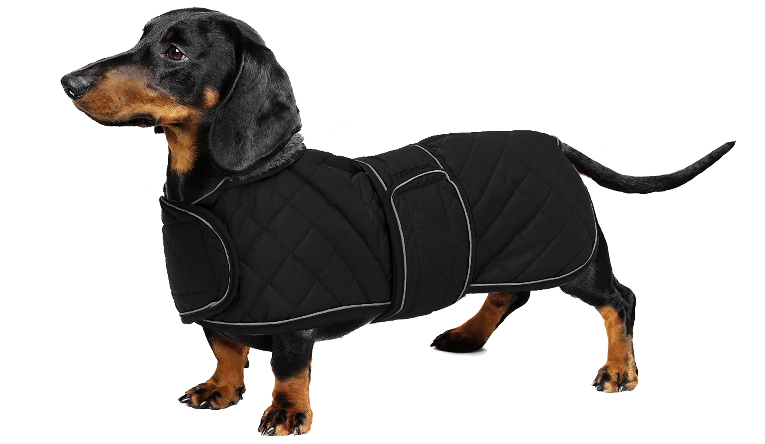 Geyecete Warm Thermal Quilted Dachshund Coat, Dog Winter Coat with Warm Fleece Lining, Outdoor Dog Apparel with Adjustable Bands-Black-S