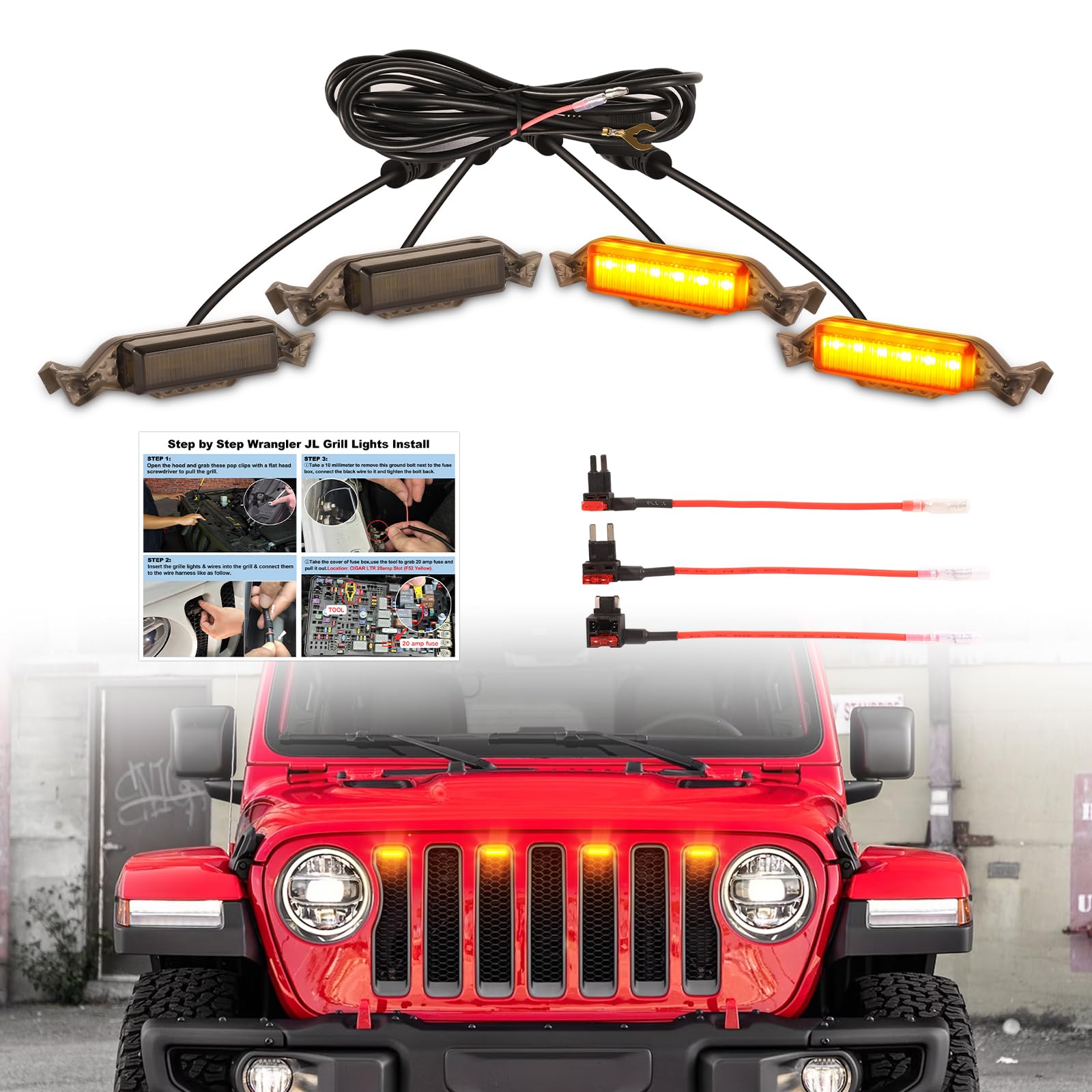 Photo 1 of Led Grill Grille Lights fit for 2019 2020 2021 2022 2023 Jeep Wrangler JL JLU Rubicon Sahara Sport Front Grille Grills Light Front Headlights Wrangler JL Jlu 2018-2023 4Pcs Amber Led (Amber JL 4P)