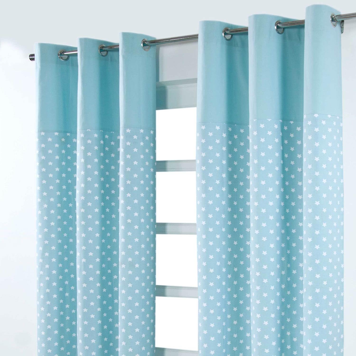 HOMESCAPES 100% Cotton Unlined Eyelet Curtain Pair - Stars - Blue - 137cm (54") Wide x 182cm (72") Drop, W 53.9" x L 71.7" (2 Panels) - Image 5