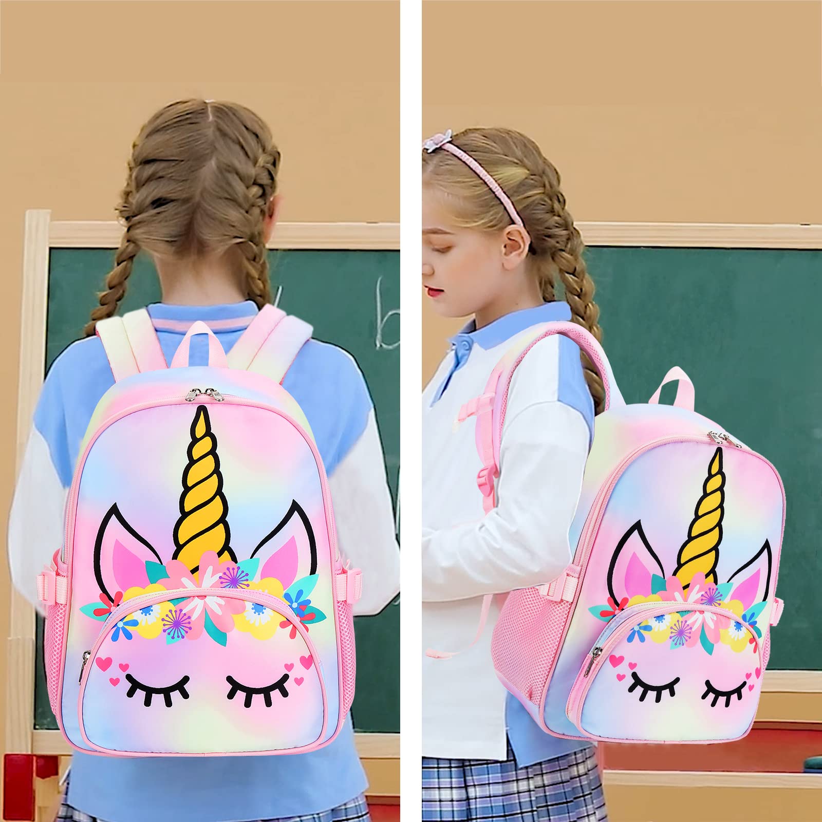 Kids Backpack Girls School Backpack Preschool Kindergarten Unicorn Toddler BookBag with Chest Clip (Tie Dye headband)