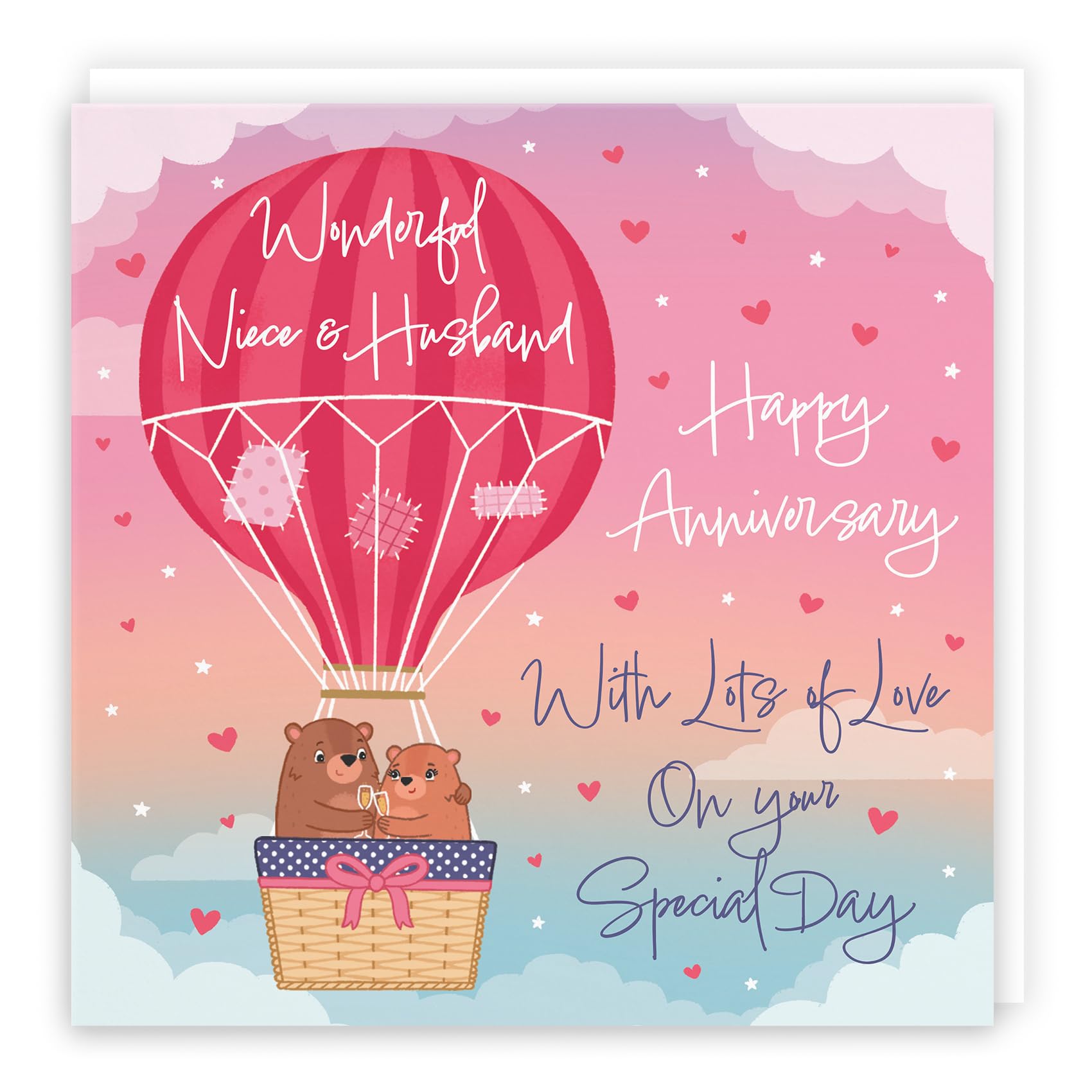 Hunts England - Large Niece And Husband Hot Air Balloon Anniversary Card - Cute Bears Collection - Anniversary Card For Niece And Husband - Champagne And Love Hearts - 210 x 210 mm