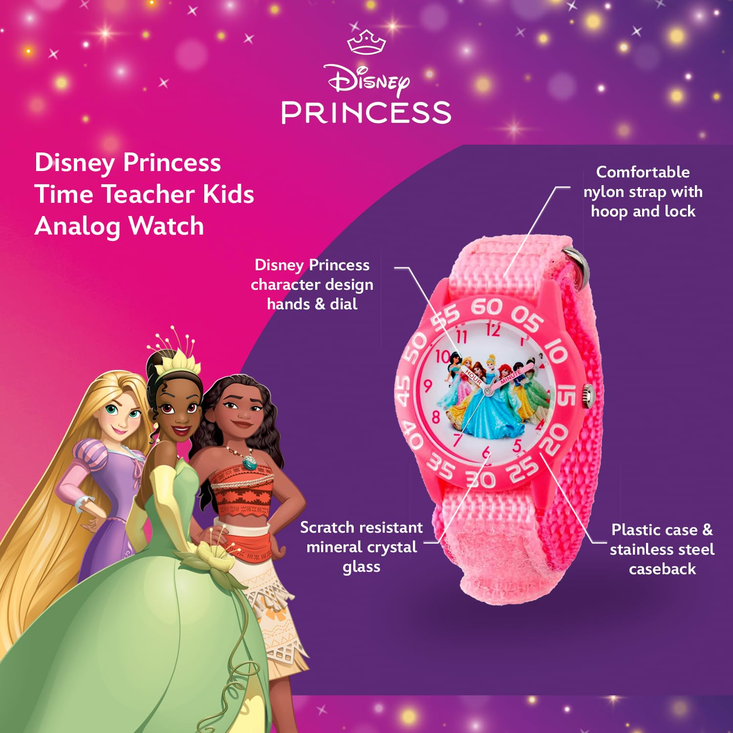 Disney Princess Watch for Girls – Kids’ Princess Watch with Pink Bezel & Purple Nylon Strap – Perfect Toddler Watches for Girls Age 4-7