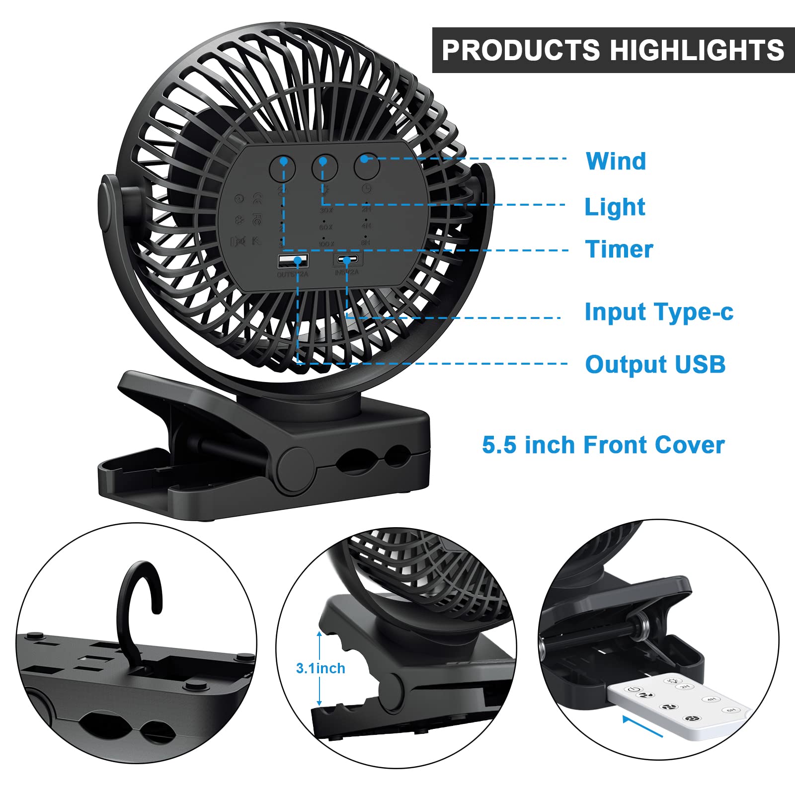 Portable Fan with Remote Control & Timer & LED Lights, 60hrs 12000mAh USB Rechargeable Battery，Clamp/Hanging/Stand Up, Small Clip on Fan for Baby Stroller, Bed, Desk, Camping Tent, Travel