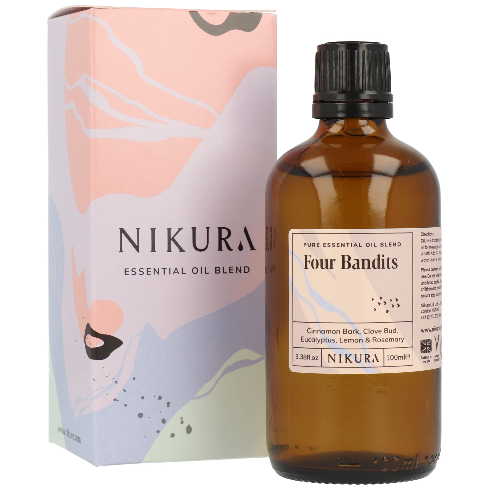 Nikura Four Bandits Essential Oil Blend - 100ml | Made with Cinnamon, Clove Bud, Eucalyptus, Lemon & Rosemary | Great for Aromatherapy, Diffuser, Decongestant, Cleaning | Vegan & UK Made