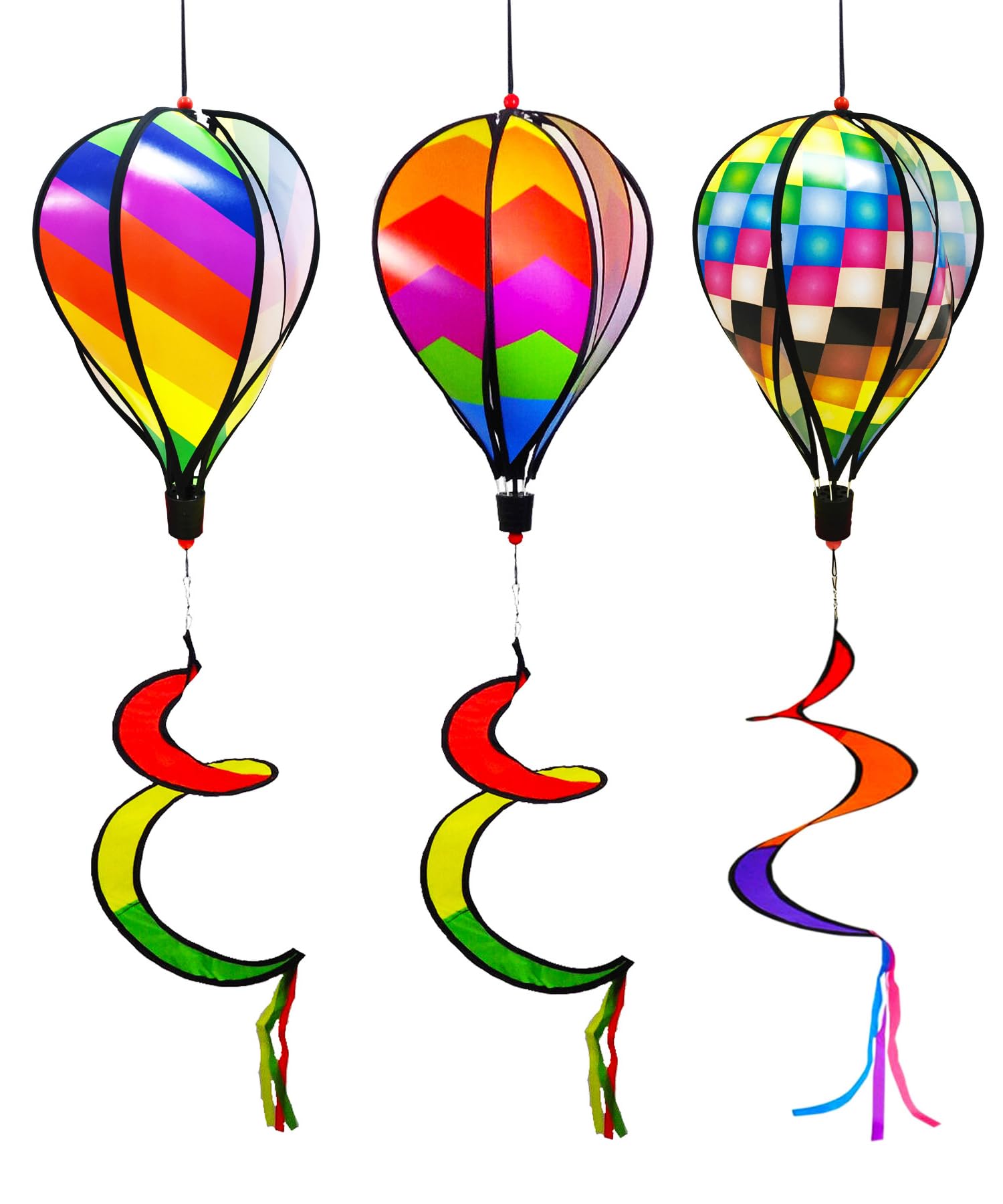LUKDUNG 3 x 130 cm Hot Air Balloon Wind Spinner Rainbow Garden Pinwheels Swirl Wind Spinner Windmill Striped Rainbow Windsock Rotating Sequins Twister Hanging Yard Decoration