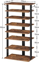 HOOBRO Tall Narrow Wooden Shoe Rack 8-Tier with 2 Hooks Rustic Brown view 6