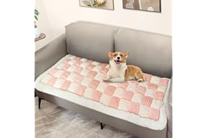 ThinMay Fuzzy Warm Couch Cover Cream-Coloured Large Plaid Square Sofa Cover Anti-Slip Couch Protector for Dogs Cats Pet Hair Resistant Washable Cotton Magic Pet Mat (Plush-Pink-24x71inch)
