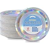 Tyzarglef Disposable Paper Plates Iridescent, 50 Count 7” Dessert Cake Plates Bulk for Party Supplies, Colored and Sturdy Party Plates for Birthday, Halloween, Baby shower, Bridal party supplies