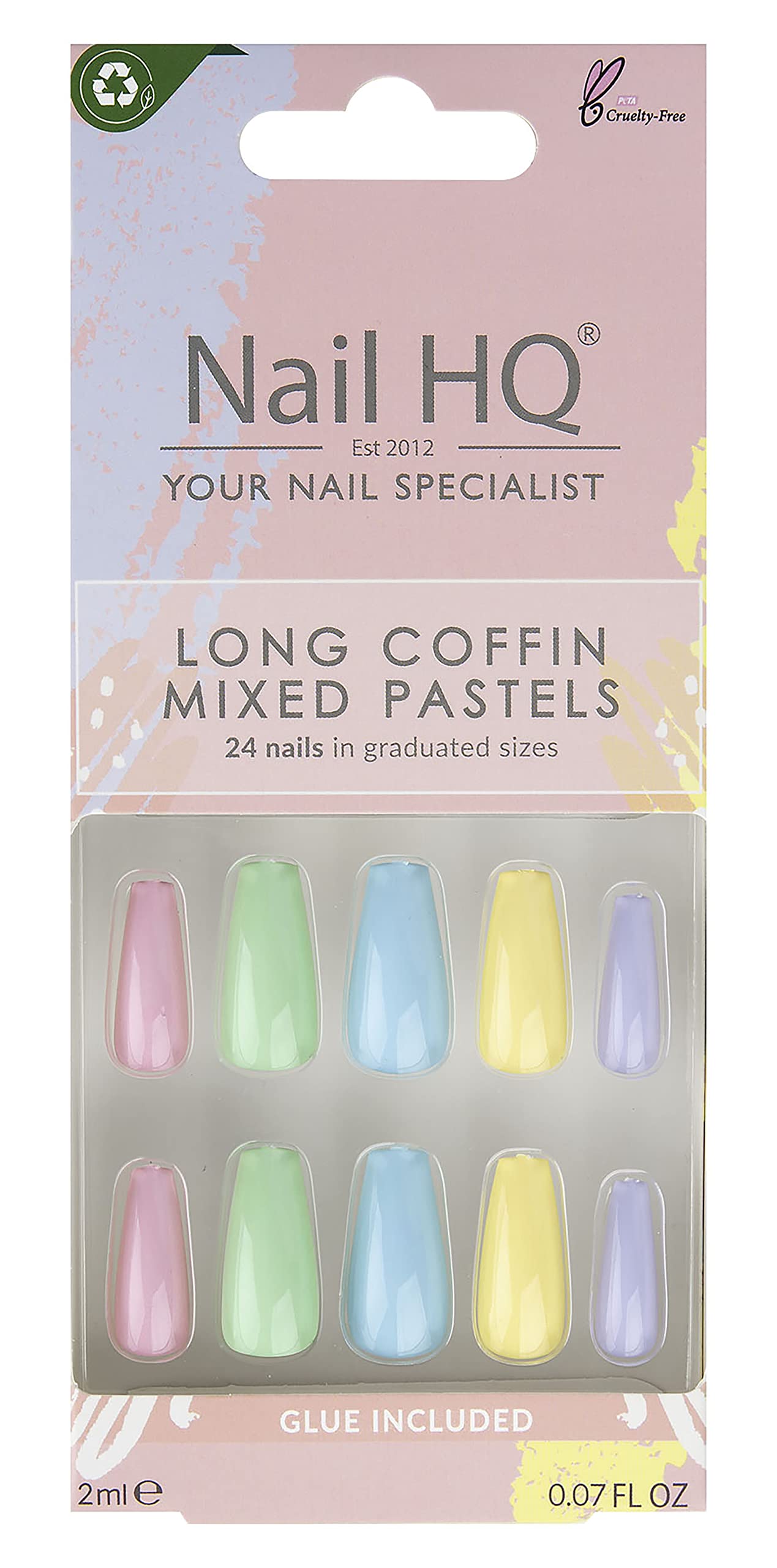 Nail HQ Press On Nails – Long Coffin Mixed Pastels – 24 Durable False Nails with Glossy Finish for Salon-Quality Manicure at Home