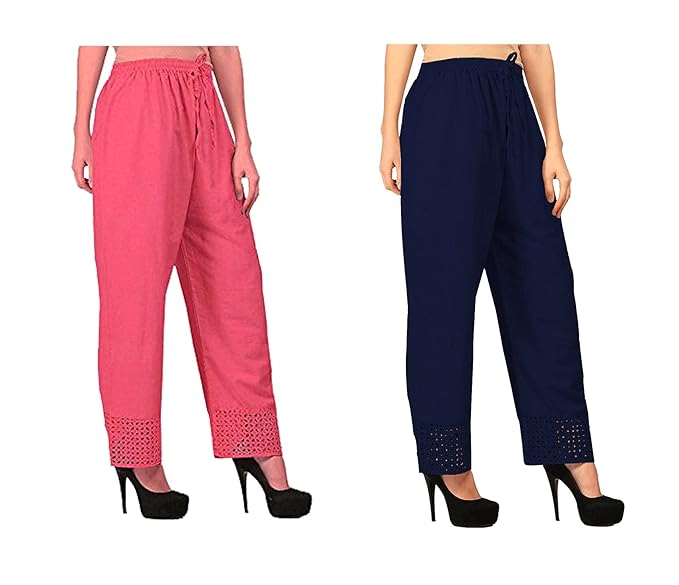 Women's Cotton Palazzo Designer Plain Casual Wear Palazzo for Women/Girl Combo Cotton Palazzo Color-Peach_ Nevy Blue