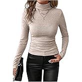 winkbay Women's Turtleneck Long Sleeve T Shirts Ruched Ribbed Knit Dressy Casual Tops Basic Tees