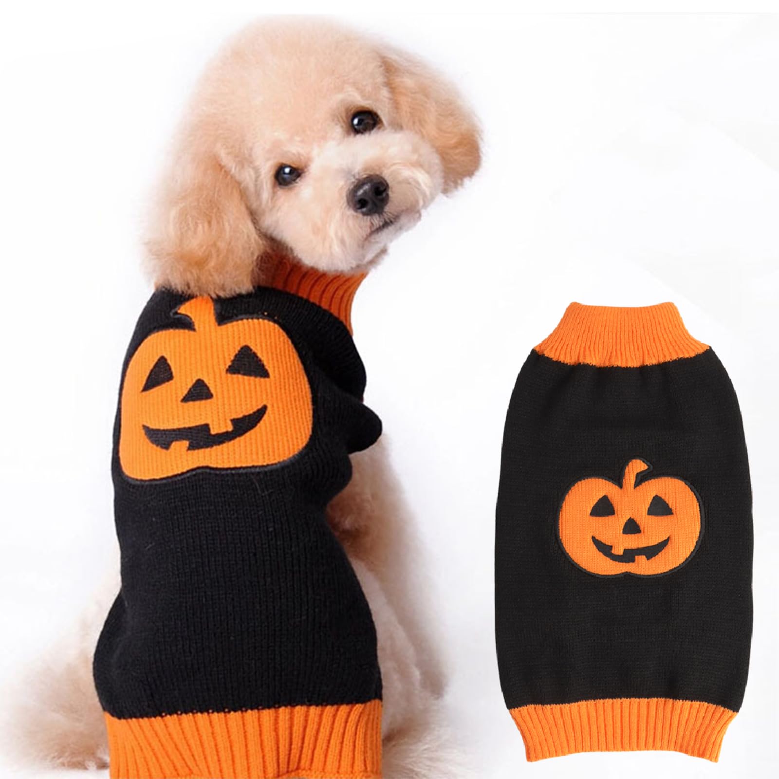 Halloween Dog Sweater - Knitted Pumpkin Costume for Small Medium Large Dogs, Cats and Puppies - Funny Holiday Party Outfit - Black XS