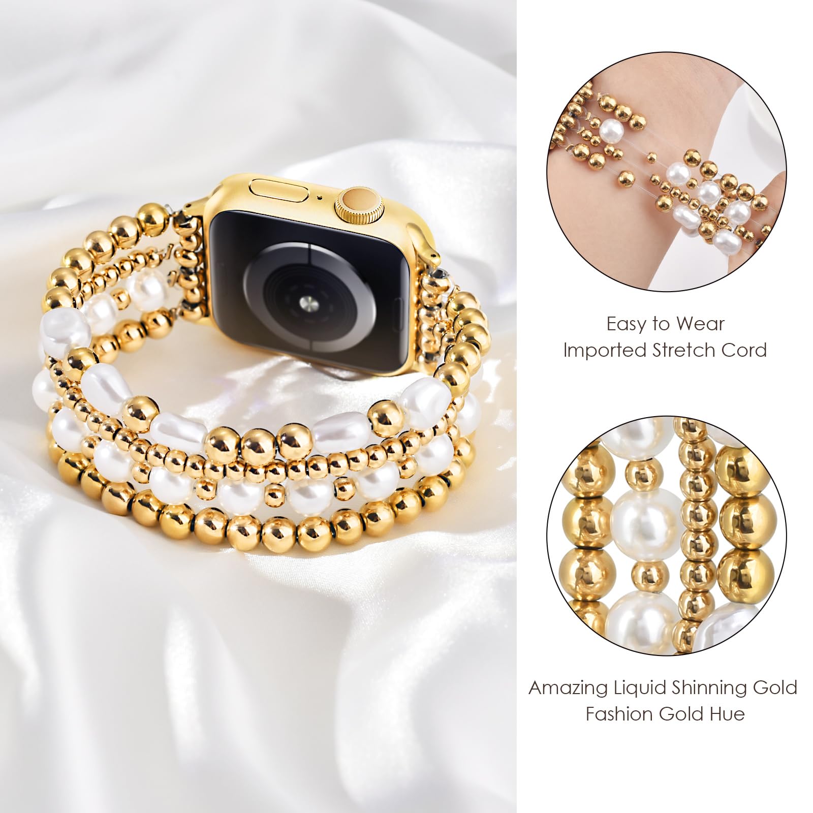 AIRSPO Gold Beaded Bracelets Compatible for Apple Watch Band 38mm 40mm 41mm 42mm 44mm 45mm Women, Fashion Handmade Dressy iPhone Watch Bands Elastic Strap for iWatch Series SE 8 7 6 5 4 3 2 1