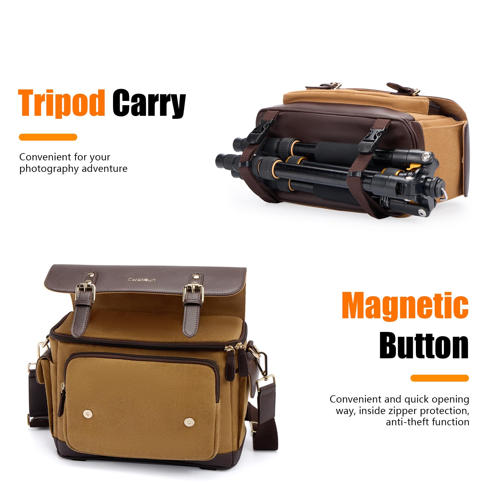 Cwatcun Camera Shoulder Bag, Vintage Leather Flap Camera Crossbody Messenger Bag, DSLR/SLR/Mirrorless Photography Bag with Tripod Holder, Camera Case Compatible with Canon/Nikon/Sony Camera and Lens