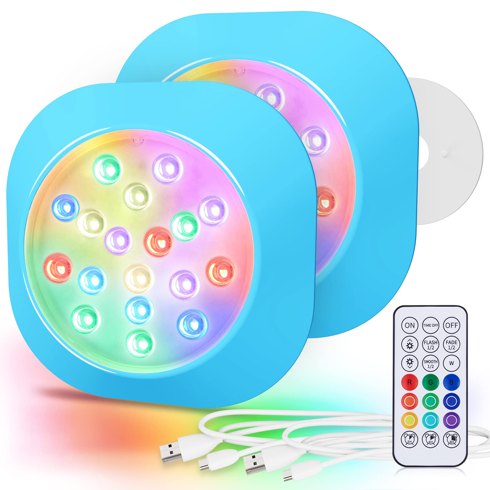 LyLmLe Rechargeable Submersible LED Light, 14 cm Colour RGBW IP68 Waterproof Pool Lamp with Remote Control, Magnetic Underwater Lights for Above Ground Pools, Wood, Hot Tub, Pack of 2