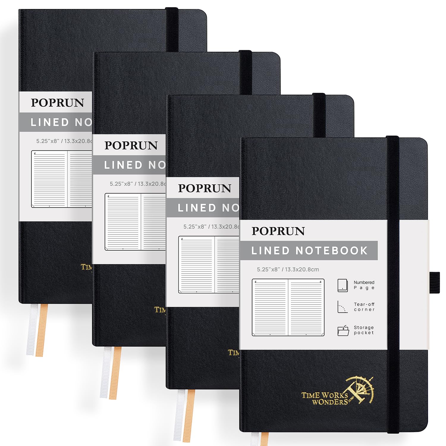 POPRUN 4 Pack A5 (Approx.) Lined Notebook Hardback, Thick 120 GSM Paper for Men & Women,128 Numbered Pages Classic Ruled Notepad with Sticky Index Tab, 8 Perforated Sheets, Black