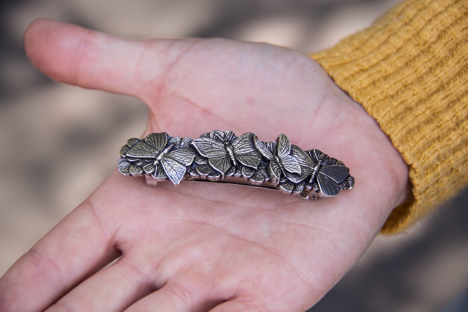 Butterflies Hair Clip, Medium Hand Crafted Metal Barrette Made in the USA with a 70mm Imported French Clip by Oberon Design : Beauty
